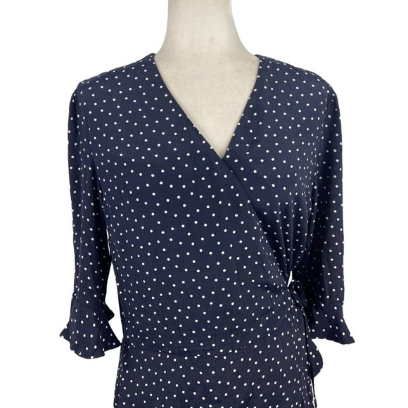 LOFT Polka Dot Wrap Ruffled V-Neck Romper in Navy & White Size 6 Skort Dress - Picture 3 of 16